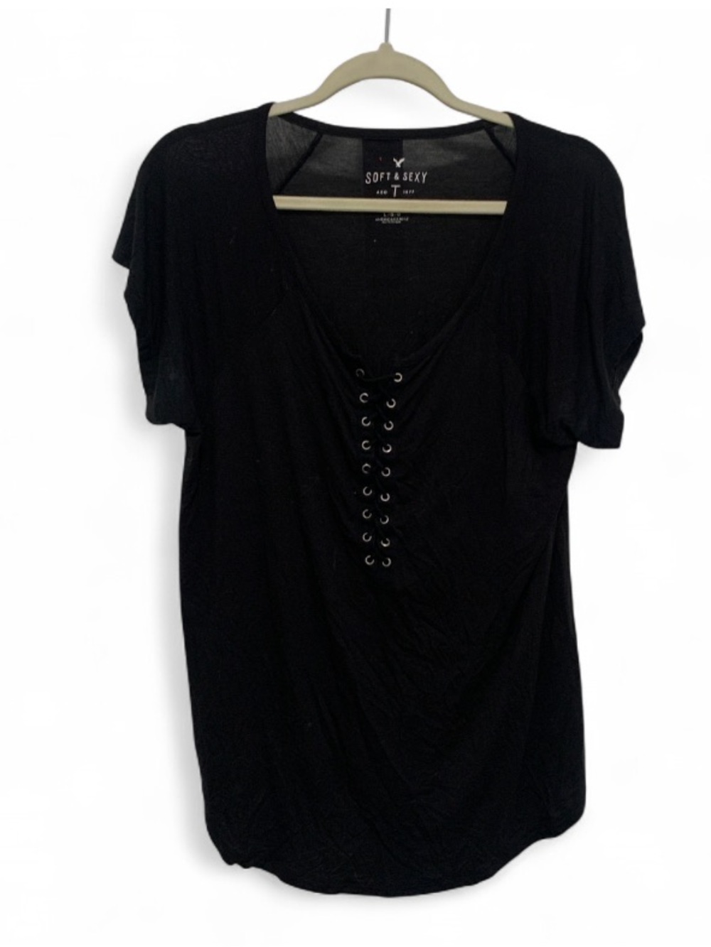 American Eagle Outfitters Soft and Sexy Black Lace-Up V-Neck Short Sleeve Top